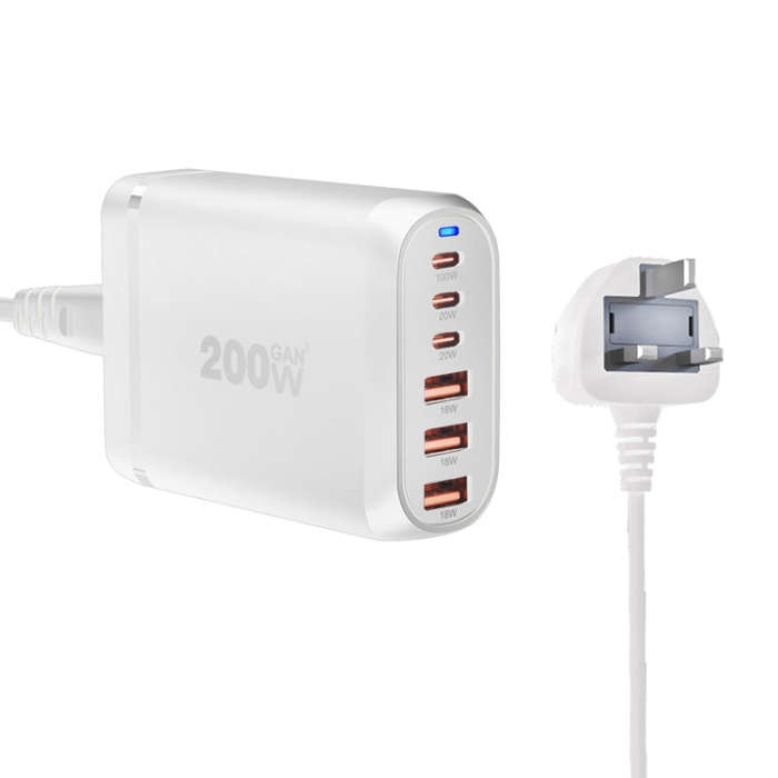 GaN PD100W Type-C x 3 + USB x 3 Multi Port Laptop Adapter, White, Plug Size:UK Plug