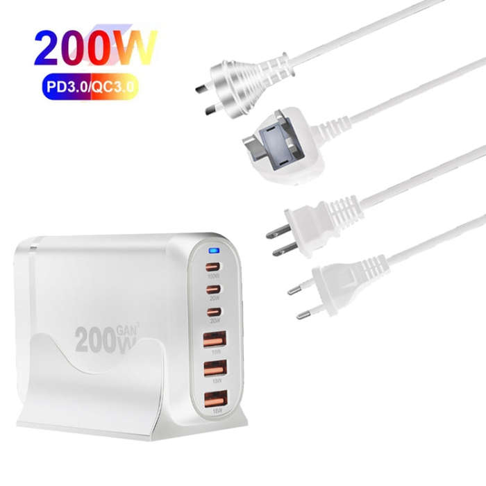 GaN PD100W Type-C x 3 + USB x 3 Multi Port Laptop Adapter, White, Plug Size:AU Plug
