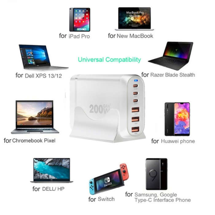 GaN PD100W Type-C x 3 + USB x 3 Multi Port Laptop Adapter, White, Plug Size:UK Plug