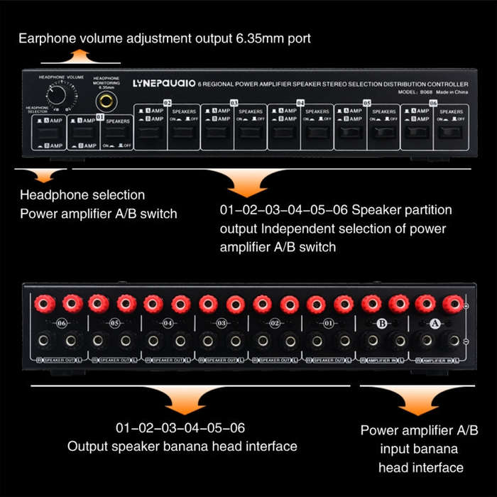 B06 82 In 6 Out Power Amplifier Speaker Selector 6 Region Stereo Speaker Switcher