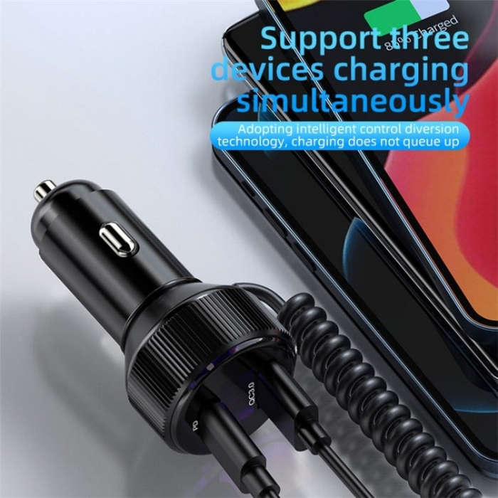 K18A PD 30W Retractable Type-C Cable USB+Type-C Dual Port Aluminum Alloy Car Charger