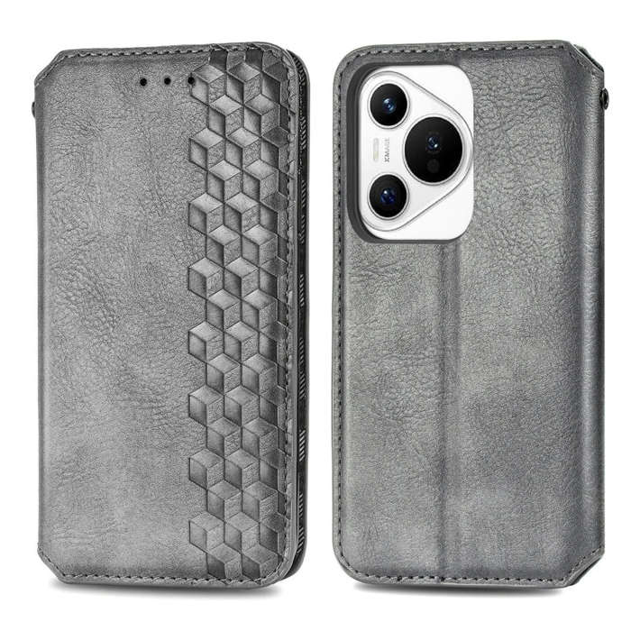 For Huawei Pura 70 Cubic Grid Pressed Magnetic Leather Phone Case(Gray)
