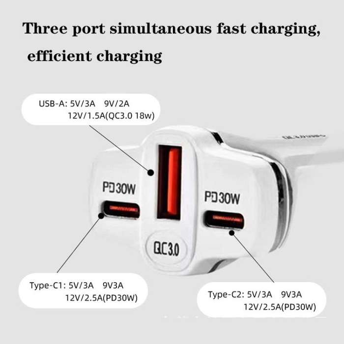 78W PD30W x 2 + QC3.0 USB Multi Port Car Charger(White)