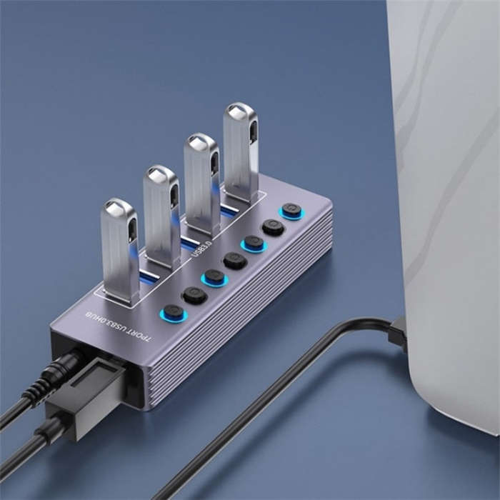U307 Aluminum Alloy 7-Ports Splitter 5Gbps High Speed USB 3.0 Hub with Independent Switch