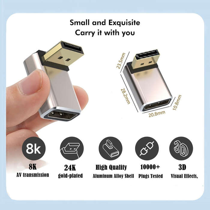 JUNSUNMAY 8K 60Hz PD1.4 Male Displayport to Female Displayport Adapter Converter, Angle:Up