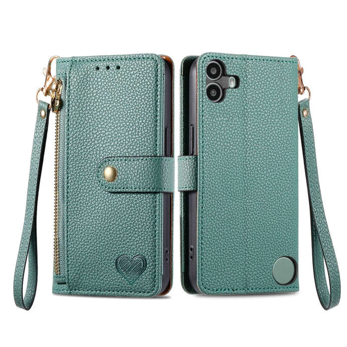 For Nothing CMF Phone 1 Love Zipper Lanyard Leather Phone Case(Green)