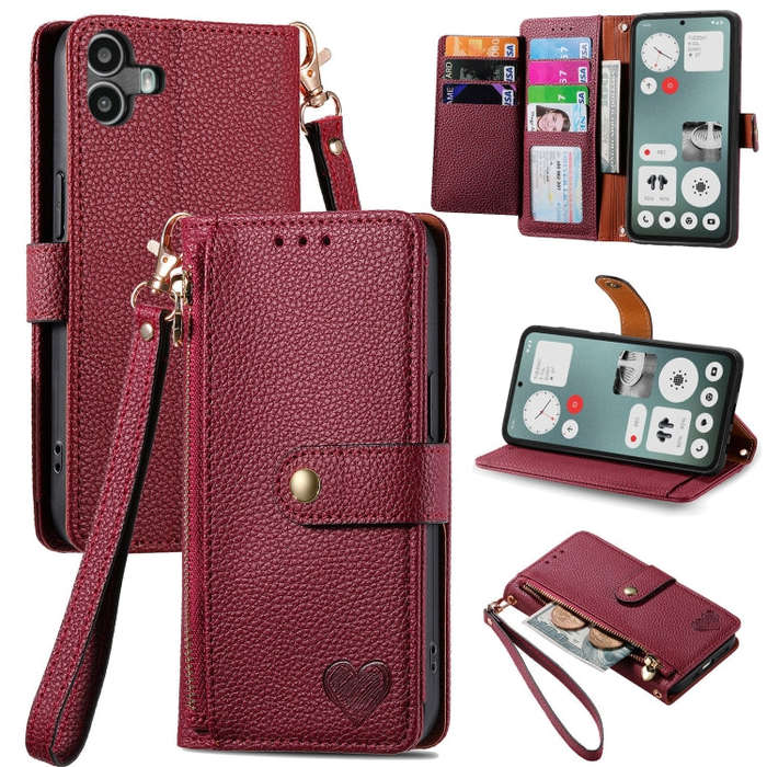 For Nothing CMF Phone 1 Love Zipper Lanyard Leather Phone Case(Red)