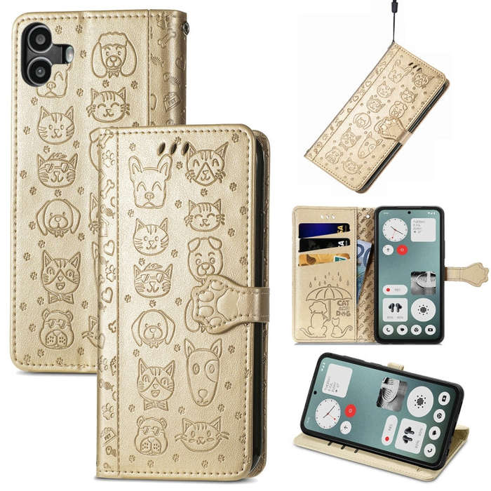 For Nothing CMF Phone 1 Cat and Dog Embossed Leather Phone Case(Gold)