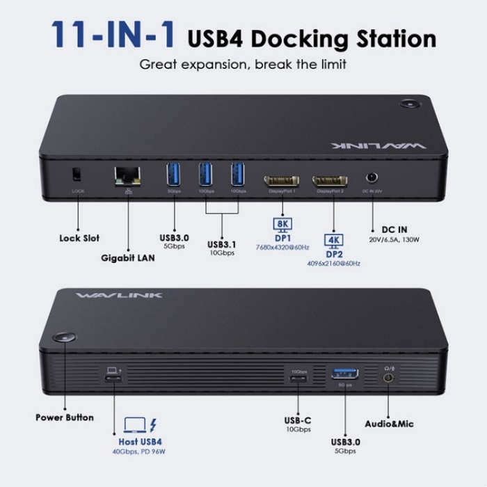 WAVLINK UTD22 Support 96W Laptop Charging USB4 Docking Station Dual Monitor USB-C Hub(US Plug)