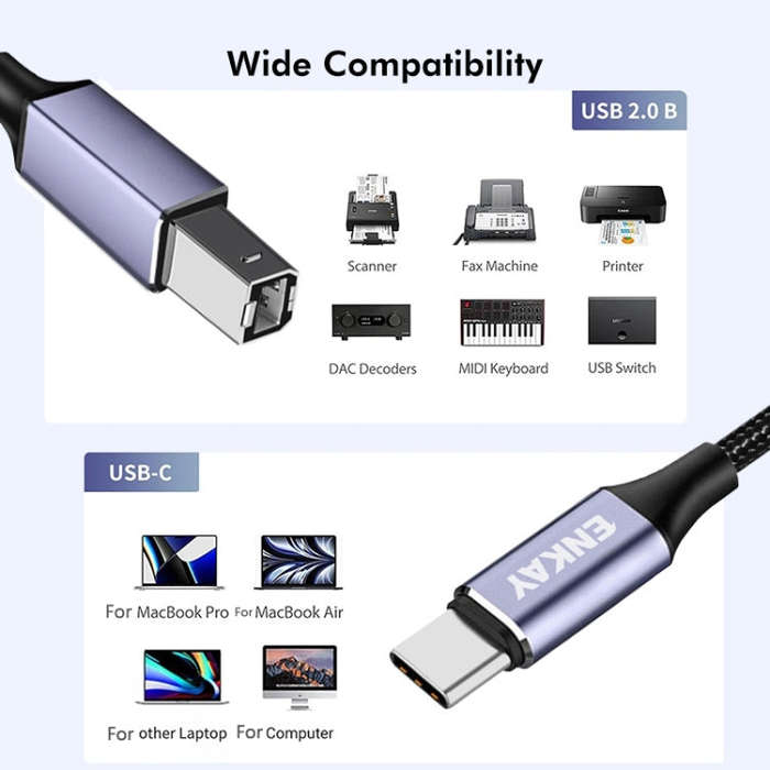 ENKAY ENK-CB170 USB C / Type-C to USB 2.0 B Printer Scanner Nylon Braided Cable, Length:2m
