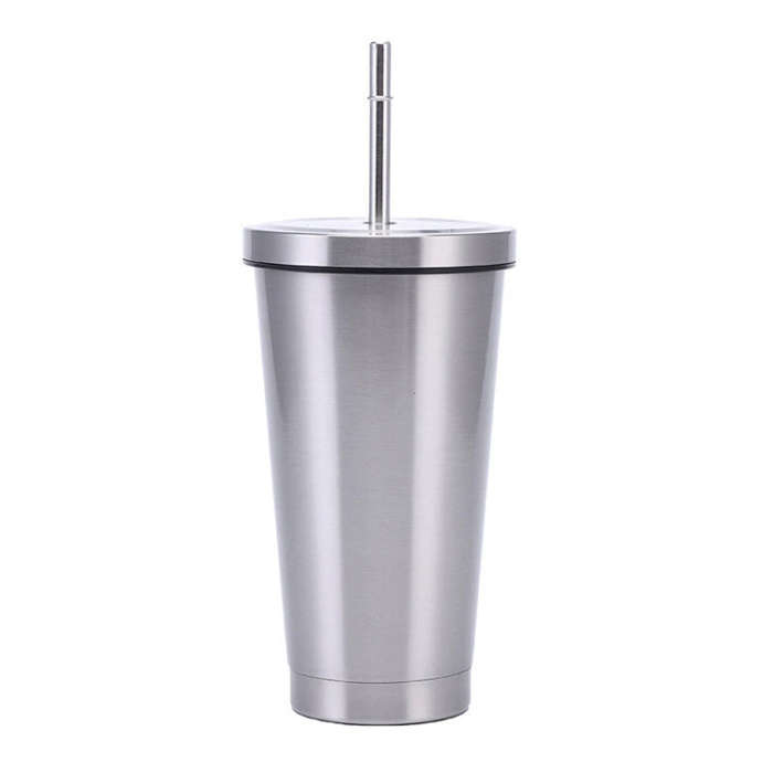 JUNSUNMAY 500ml 304 Stainless Steel Water Vacuum Bottle Coffee Cup with Lid and Straw(Steel Color)