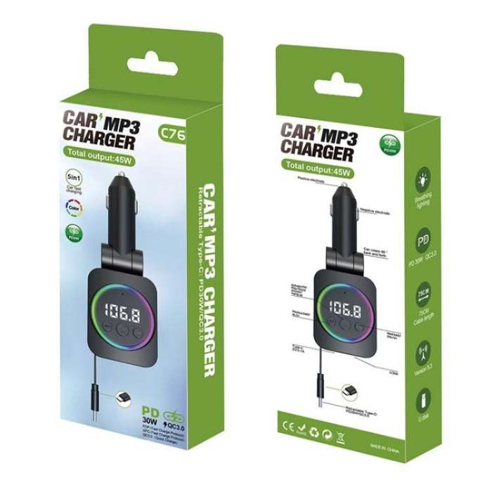 C76 Retractable Cable PD 30W Car Charger Cigarette Lighter Adapter Bluetooth FM Transmitter