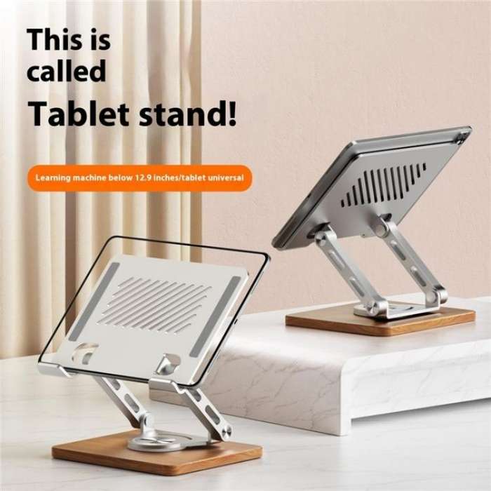 J27 Desktop Foldable Rotating Wooden Base Tablets Laptops Metal Cooling Holder(Silver)
