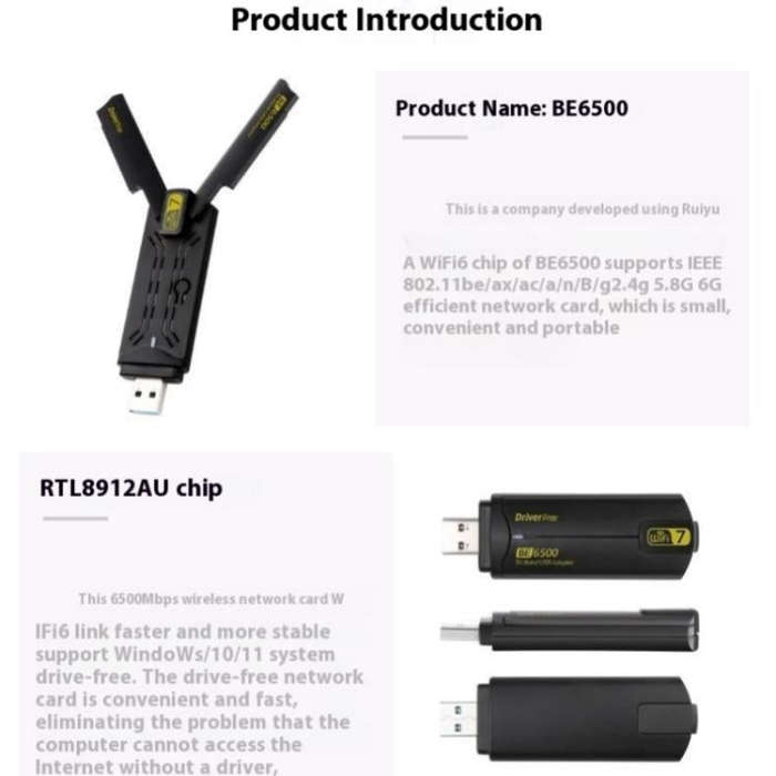 BE6500 Wireless Network Card Driver Free 6500M Tri Band WiFi 7 USB 3.0  Adapter for PC
