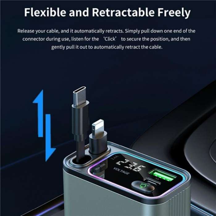 GC08B Type-C + 8 Pin Retractable Cables Car Fast Charger Ambient Light Voltage Display Adapter