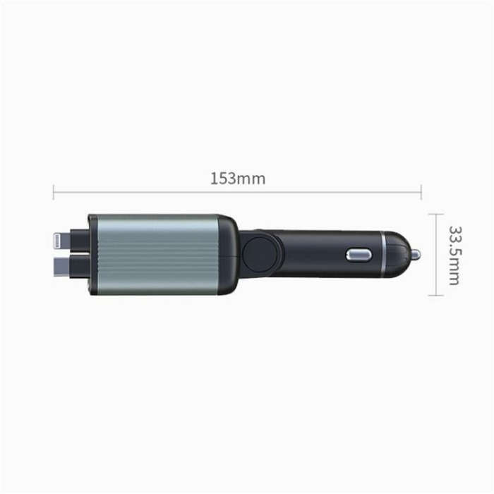 GC08B Type-C + 8 Pin Retractable Cables Car Fast Charger Ambient Light Voltage Display Adapter