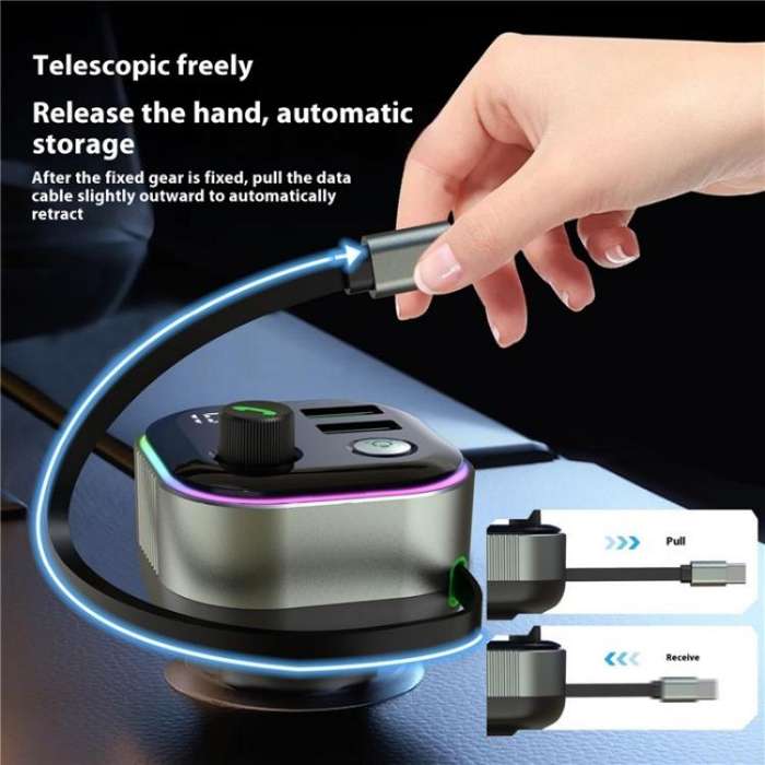 GZ11 Retractable Type-C Cable Voltage Display 65W PD Fast Charging Car Charger MP3 Player