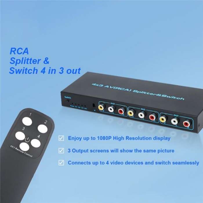 RCA 4 In 3 Out AV Audio Video Signal Composite Switcher AV Switch Splitter Box, Plug:EU Plug