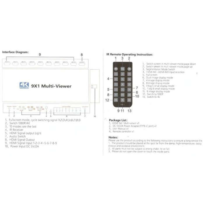 JQF1  9 in 1 Out Switch Adapter Screen Splitter 4K HDMI Multi Viewer Switcher, Plug:US Plug