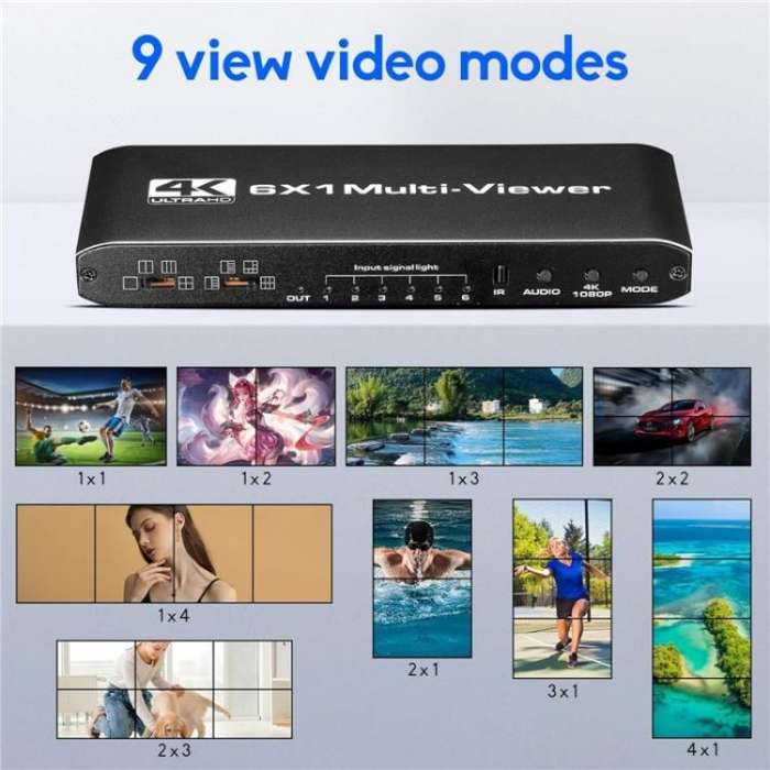 JQF2 4K Seamless Switcher Screen Splitter Multiple Display Modes 6 in 1 Out HDMI Multiviewer, Plu...