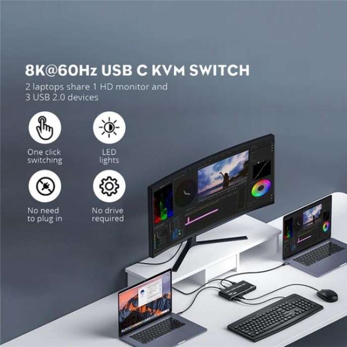 K7 With 3 USB 2.0 Ports 8K 60Hz HD / DP 100W PD Charging Type C KVM Switcher