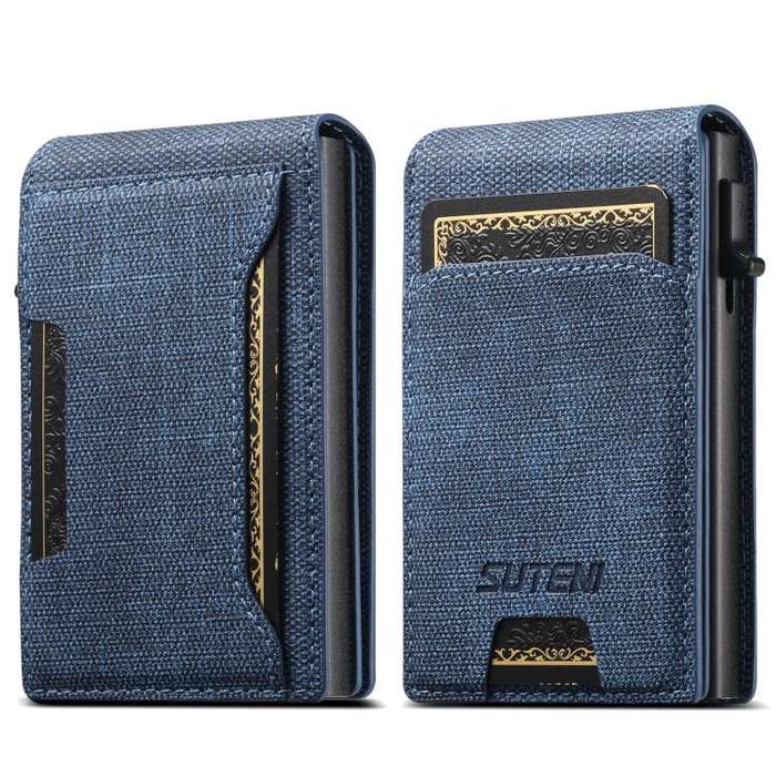 Suteni Denim Pattern Button Automatically Pops Out the Card Box(Blue)