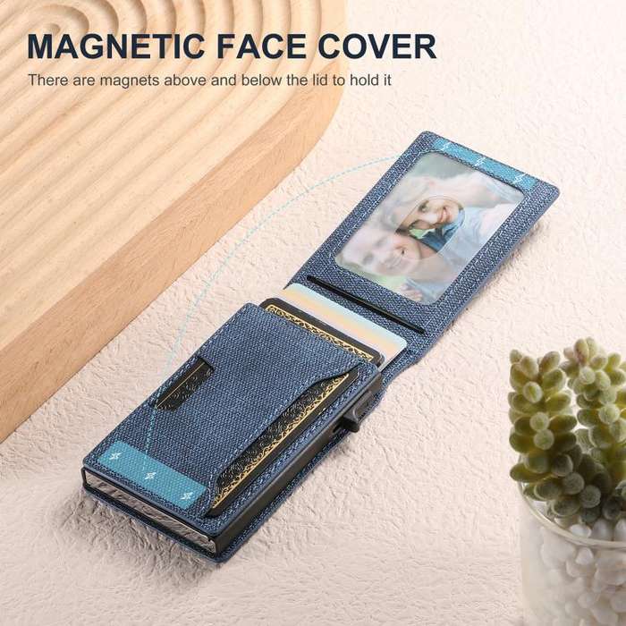 Suteni Denim Pattern Button Automatically Pops Out the Card Box(Blue)