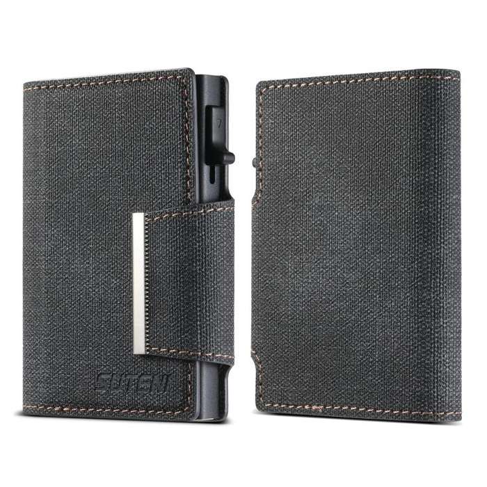 Suteni Denim Buckle Button Automatically Pops Out the Card Box(Black)