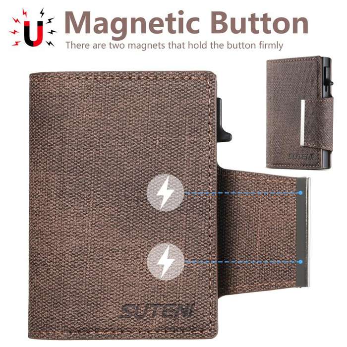 Suteni Denim Buckle Button Automatically Pops Out the Card Box(Brown)