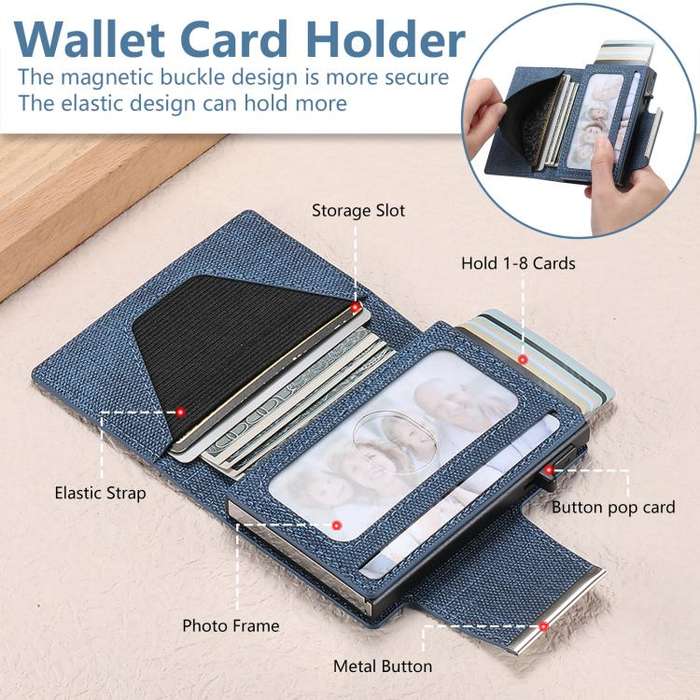 Suteni Denim Buckle Button Automatically Pops Out the Card Box(Blue)