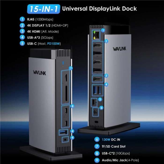 WAVLINK WL-UG69PD13Pro DisplayLink Docking Station 15 in 1 USB-C Hub for MacBook Laptop(UK Plug)
