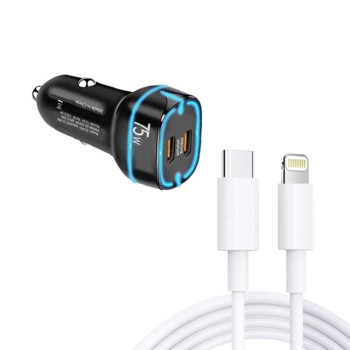PD45W + PD30W Dual Port Type-C Car Charger with USB-C to 8 Pin Data Cable(Black)