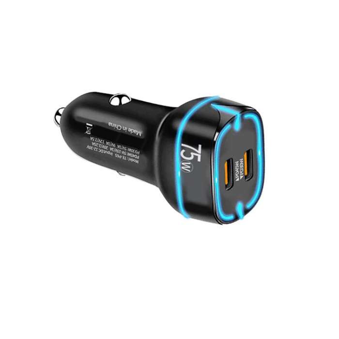 PD45W + PD30W Dual Port Type-C Car Charger with USB-C to 8 Pin Data Cable(Black)