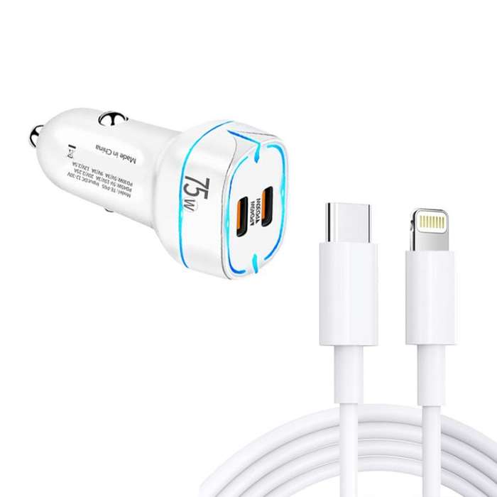 PD45W + PD30W Dual Port Type-C Car Charger with USB-C to 8 Pin Data Cable(White)