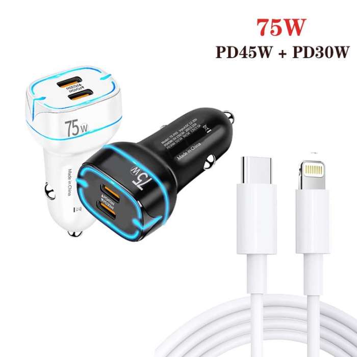 PD45W + PD30W Dual Port Type-C Car Charger with USB-C to 8 Pin Data Cable(Black)