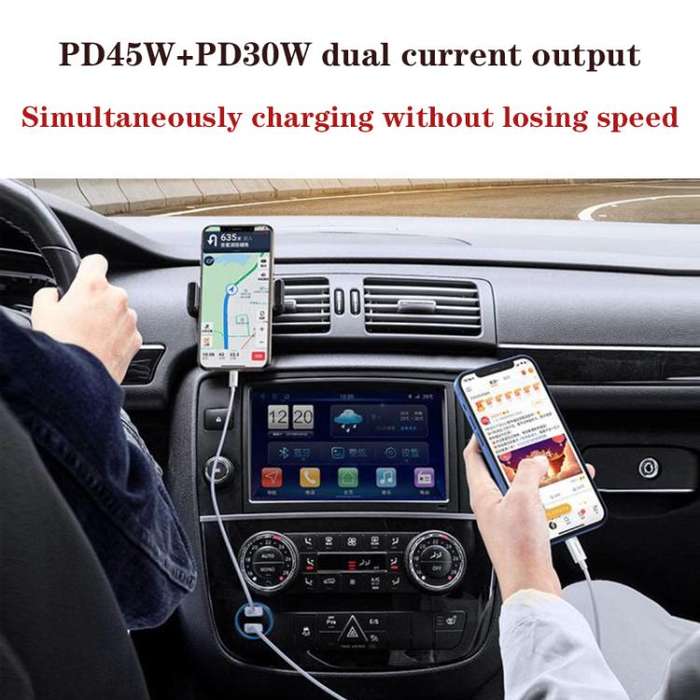 PD45W + PD30W Dual Port Type-C Car Charger with USB-C to 8 Pin Data Cable(Black)