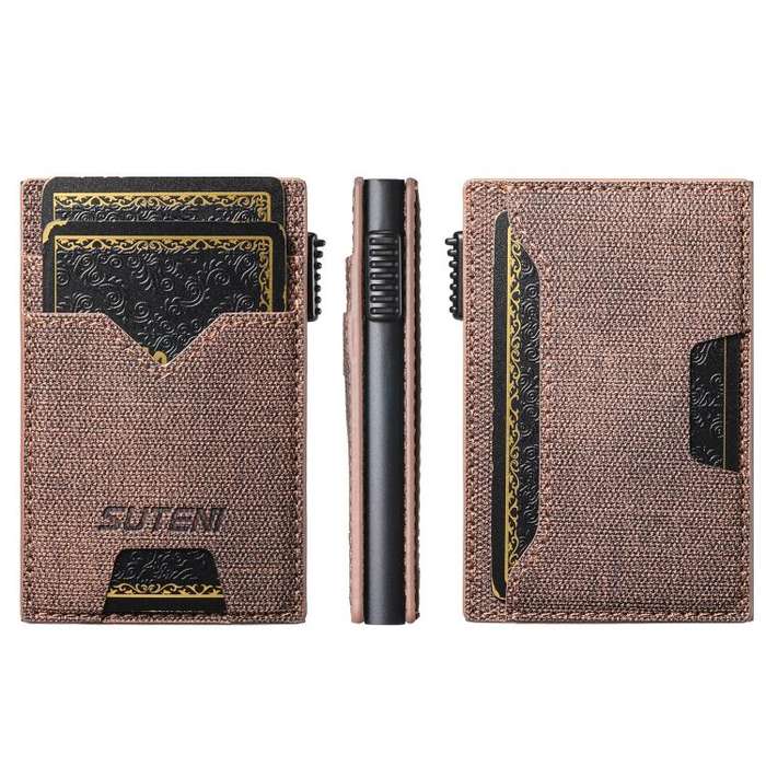The Suteni denim double-sided card slot button automatically ejects the card box(Brown)
