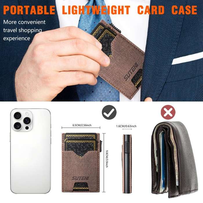 The Suteni denim double-sided card slot button automatically ejects the card box(Brown)