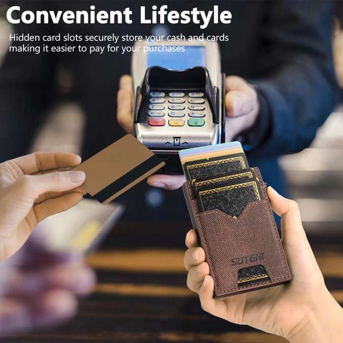 The Suteni denim double-sided card slot button automatically ejects the card box(Brown)