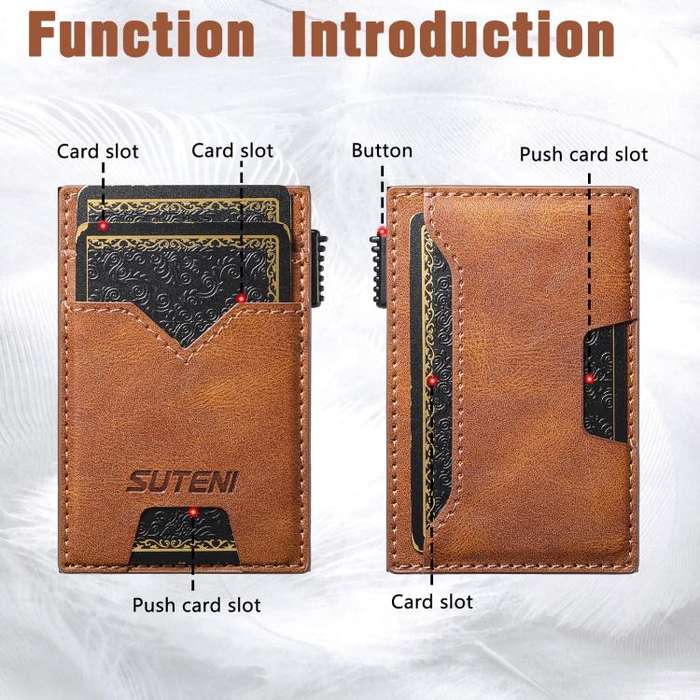 The Suteni denim double-sided card slot button automatically ejects the card box(Brown)