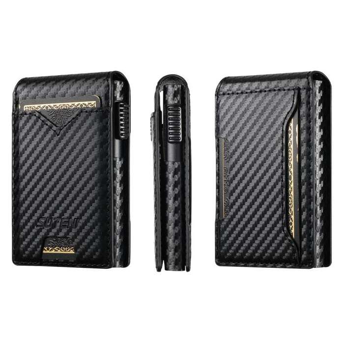 The Suteni carbon fiber pattern button automatically pops out the veneered printed card box(Black)