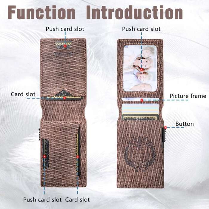 The Suteni denim pattern button automatically pops out the veneered printed card box(Brown)