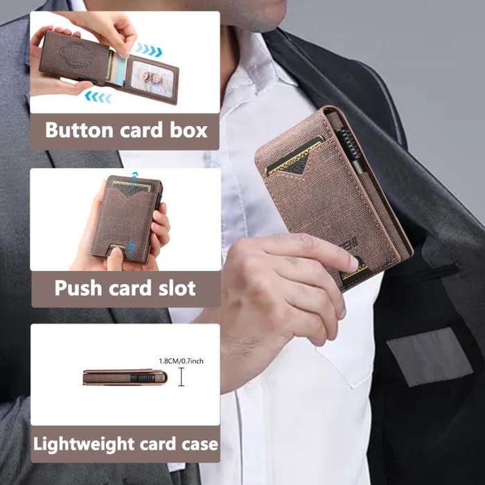The Suteni denim pattern button automatically pops out the veneered printed card box(Brown)