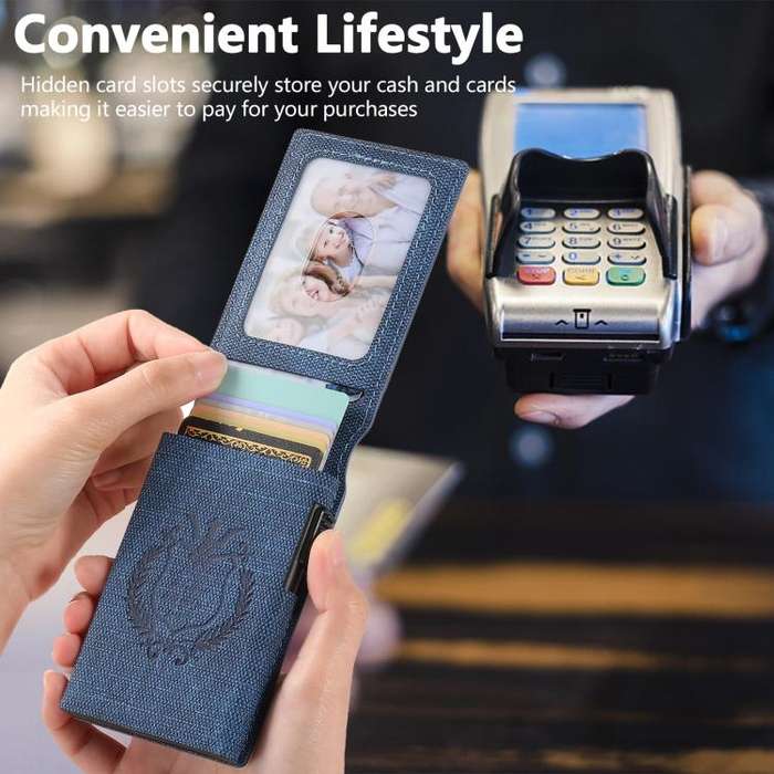 The Suteni denim pattern button automatically pops out the veneered printed card box(Blue)