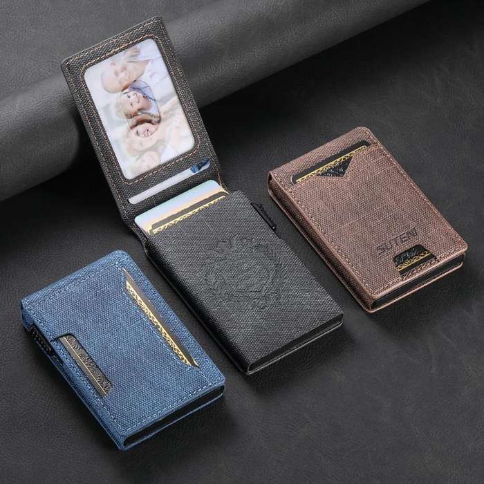 The Suteni denim pattern button automatically pops out the veneered printed card box(Brown)
