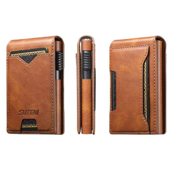 The Suteni oil wax pattern button automatically pops out the veneered printed card box(Brown)
