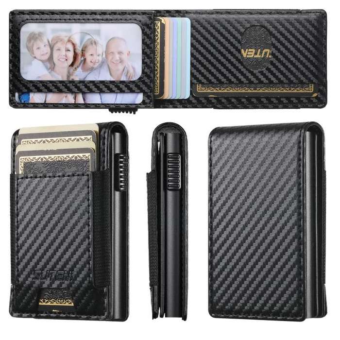 The Suteni carbon fiber pattern button automatically pops out the elastic band card box(Black)