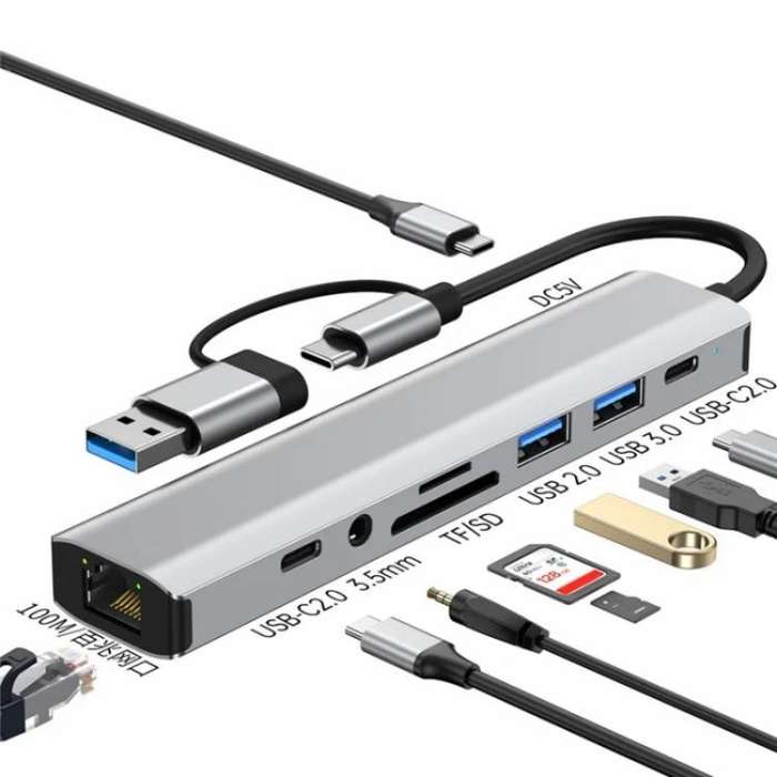 2509 RJ45, USB3.0, USB2.0, USB-C2.0, 3.5mm, DC5V, SD / TF Card Reader Adapter USB-C / USB Hub