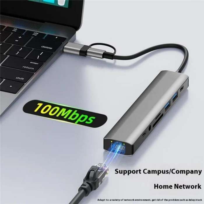 2509 RJ45, USB3.0, USB2.0, USB-C2.0, 3.5mm, DC5V, SD / TF Card Reader Adapter USB-C / USB Hub