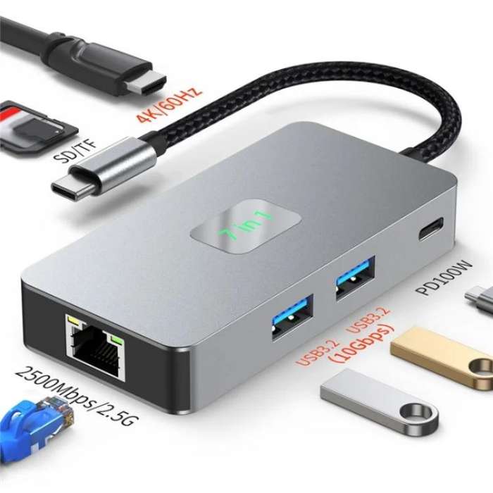2402 2 x USB 3.2, HD, 2 x Card Reader, PD 100W, RJ45 2.5Gbps 7-in-1 Multi-Port Type-C Hub Adapter